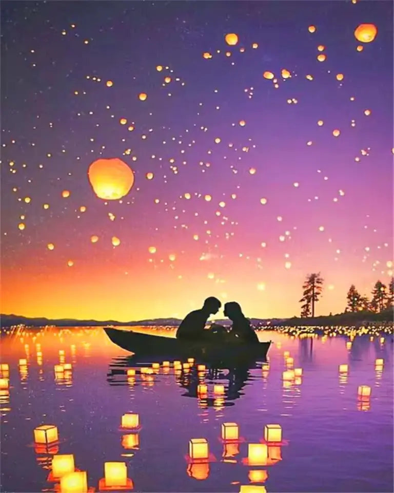 Lovers with lanterns on a boat - Paint by numbers