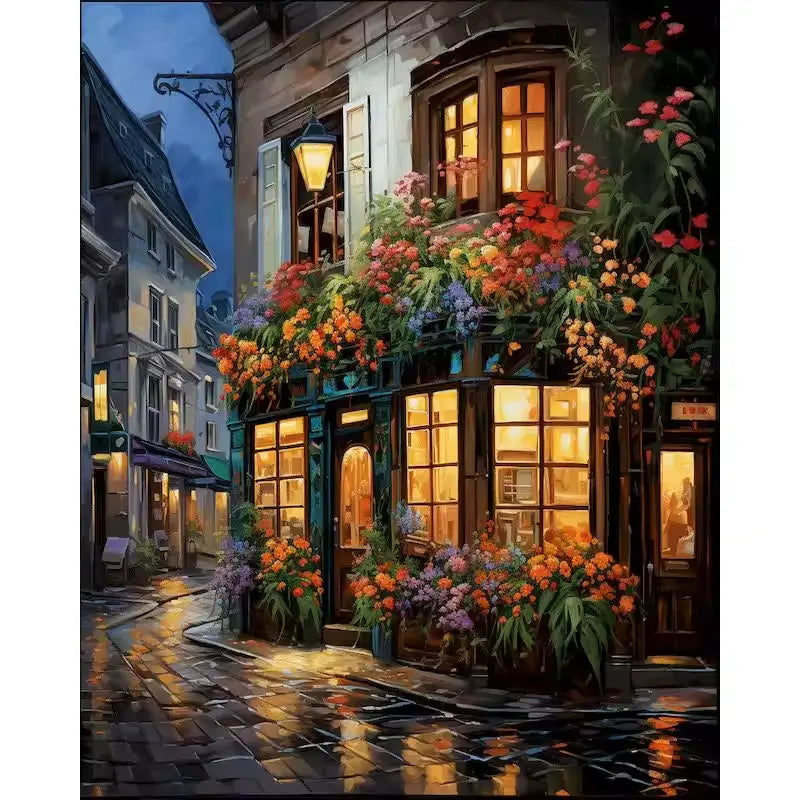 Flower-filled boutique in the evening glow - Paint by numbers