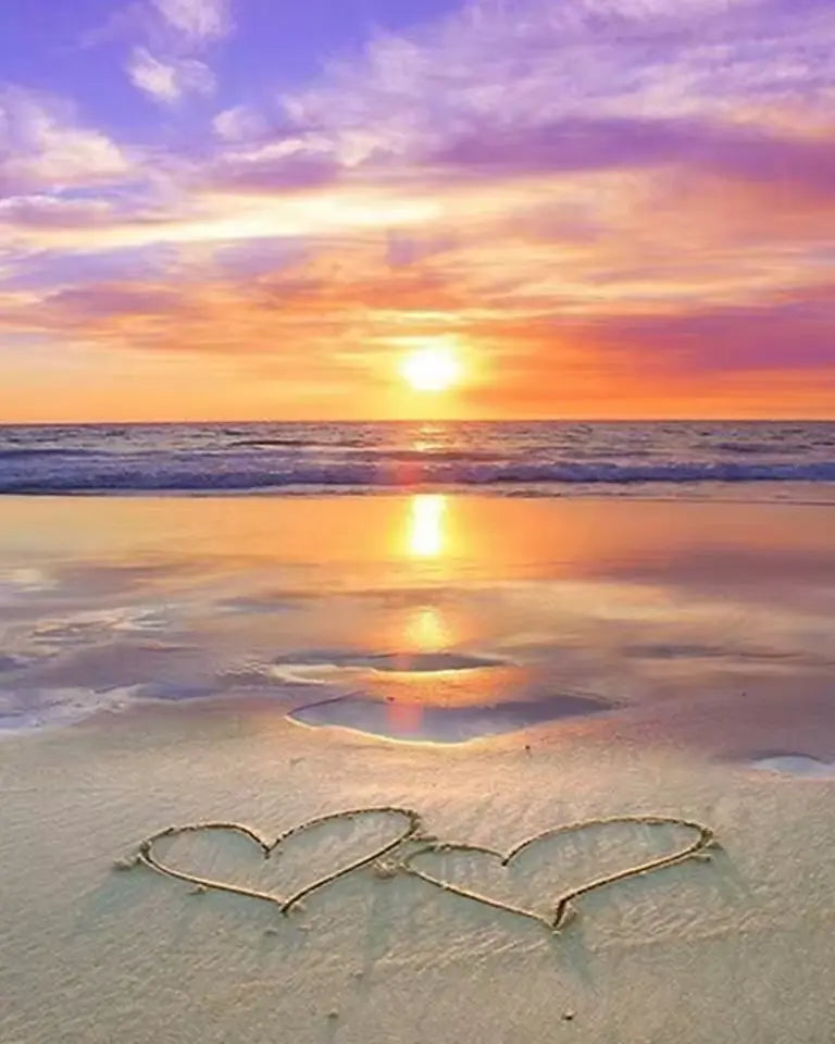 Lovers' sunset - Hearts on the sand - Paint by numbers