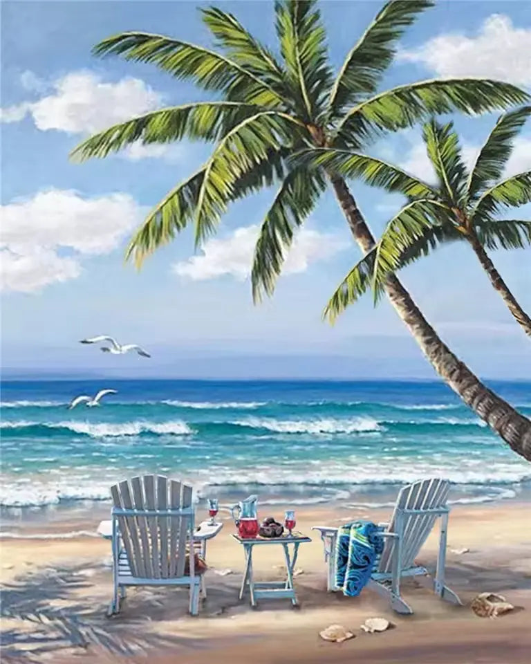 Two sun loungers on a tropical beach - Paint by numbers
