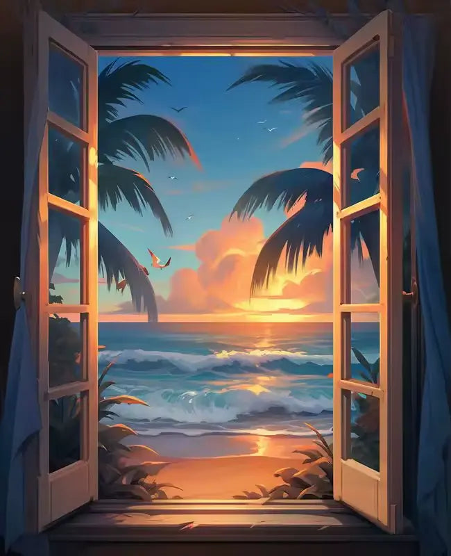 Window with a view of a tropical beach - Paint by numbers