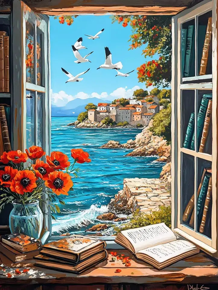 Library window overlooking the sea - Paint by numbers
