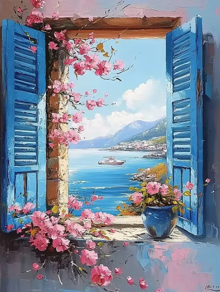 Blue shutters and pink flowers with a sea view - Paint by numbers