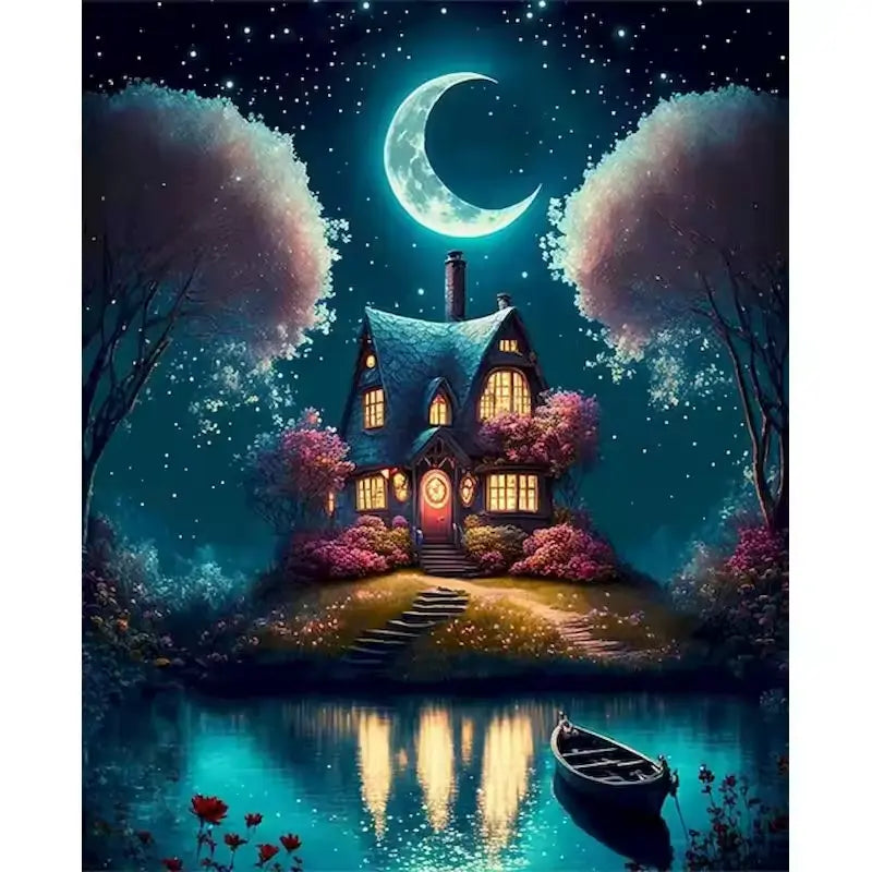 Picturesque house on an island under a full moon - Paint by numbers
