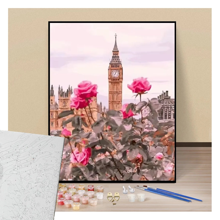 View of Big Ben and flowers - London - Paint by numbers