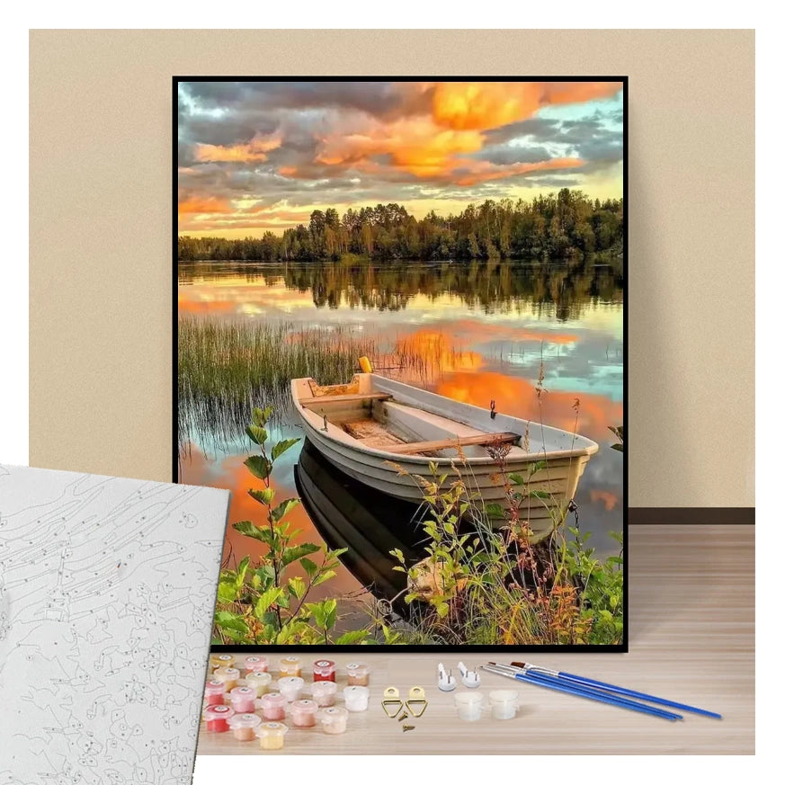 Landscape of the pond and its rowboat on the water - Paint by numbers