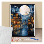 City at night under a moonlit sky - Paint by numbers