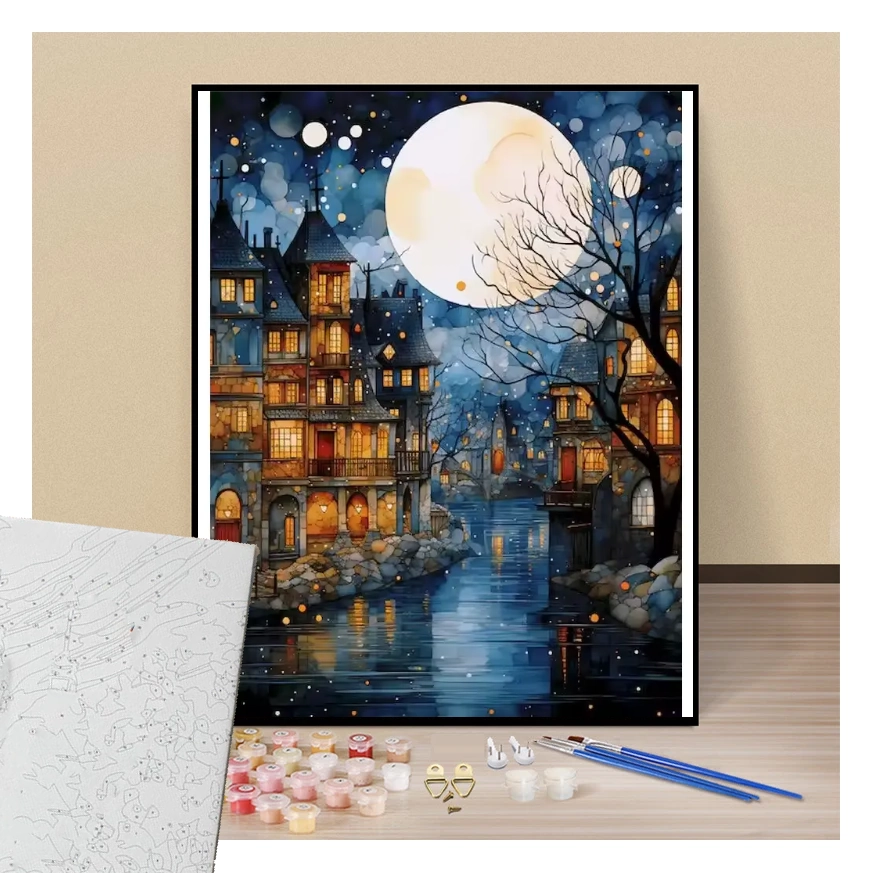 City at night under a moonlit sky - Paint by numbers