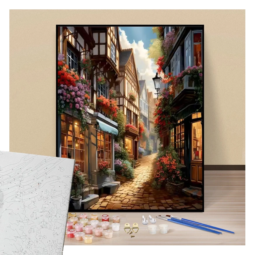 Flowery-lined shopping arcade in the city - Paint by numbers