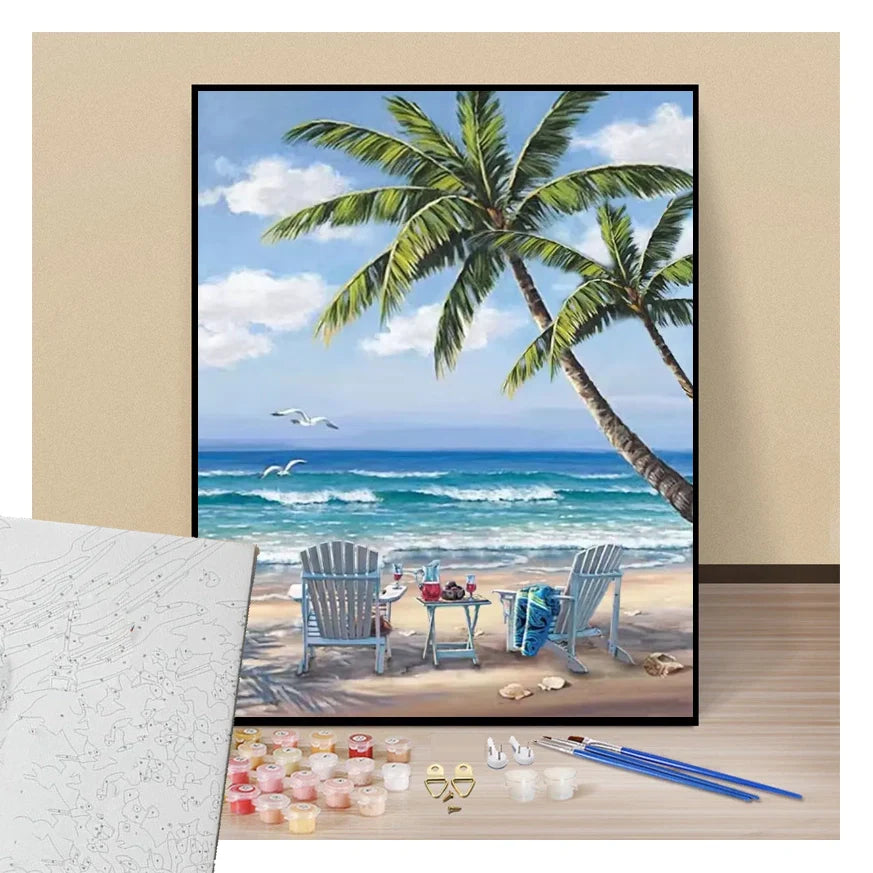 Two sun loungers on a tropical beach - Paint by numbers