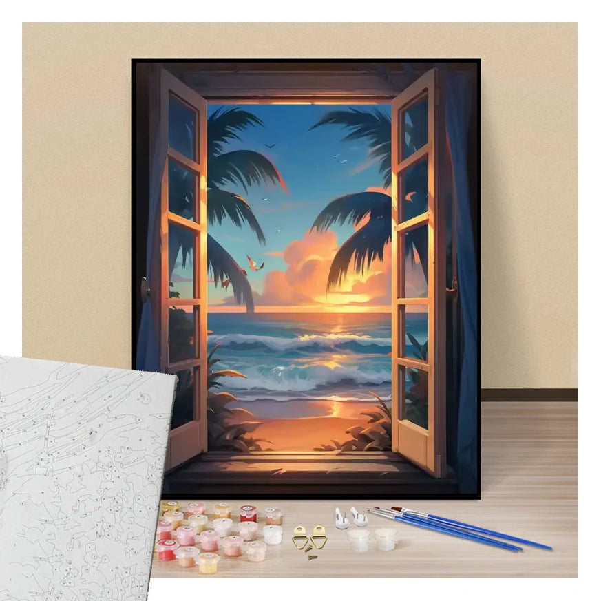 Window with a view of a tropical beach - Paint by numbers