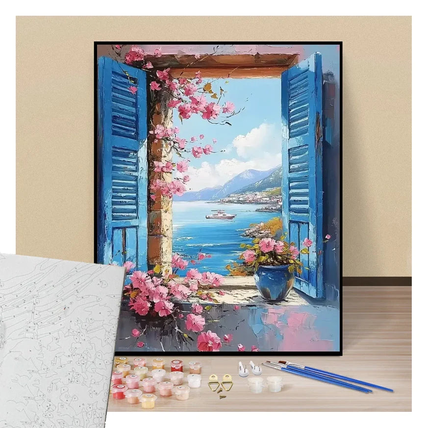 Blue shutters and pink flowers with a sea view - Paint by numbers