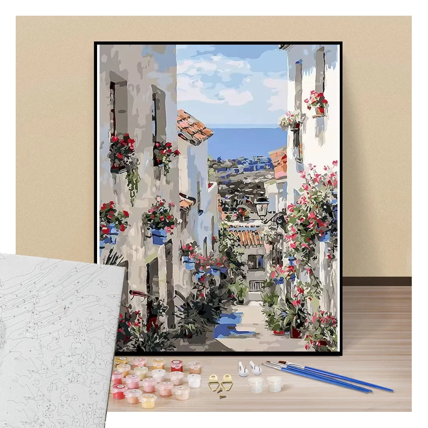 Flower-lined alleyway - Paint by numbers