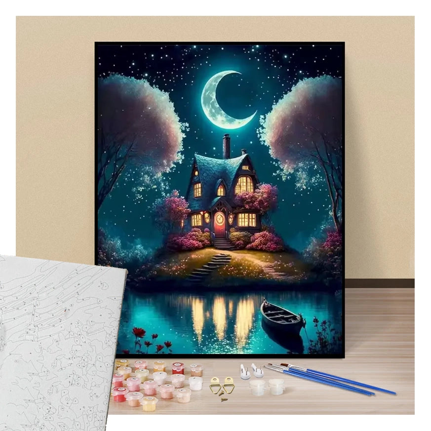 Picturesque house on an island under a full moon - Paint by numbers