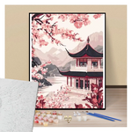 Sakura lodge at the foot of the mountains - Paint by numbers