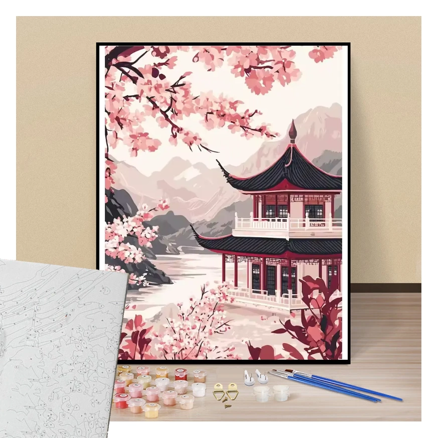 Sakura lodge at the foot of the mountains - Paint by numbers