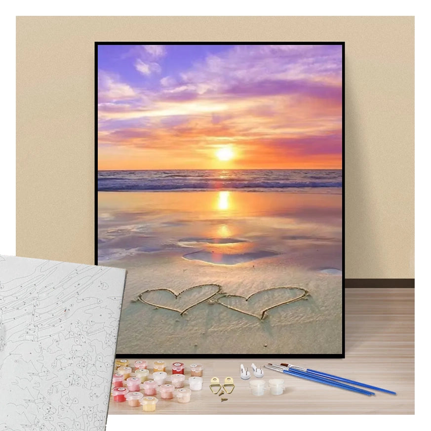 Lovers' sunset - Hearts on the sand - Paint by numbers