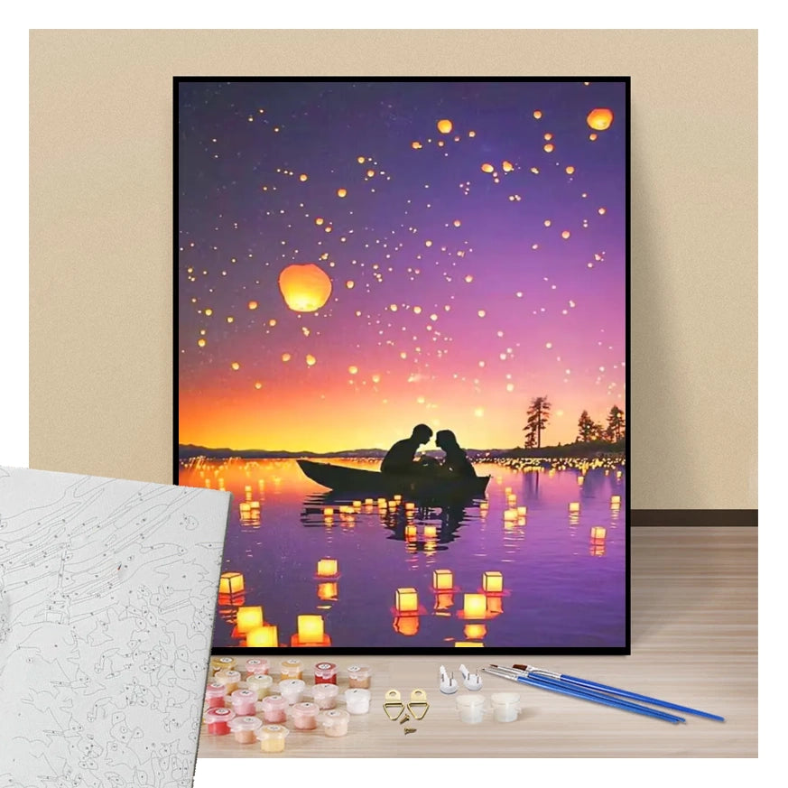 Lovers with lanterns on a boat - Paint by numbers