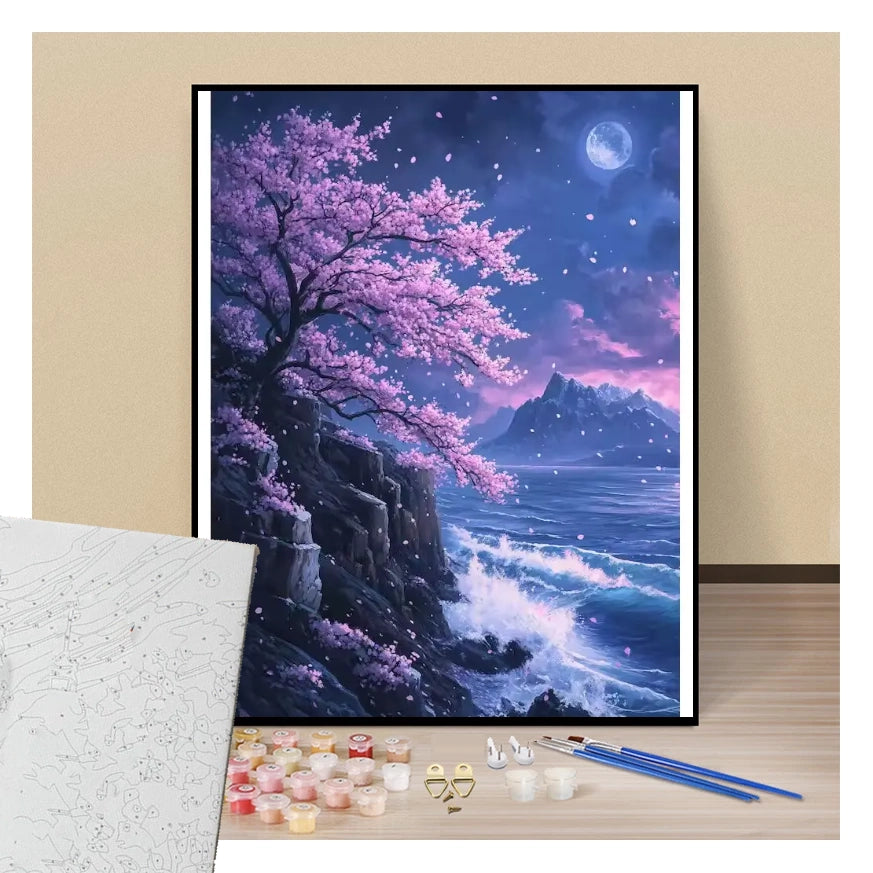 Moonlight on sakura cliffs - Paint by numbers