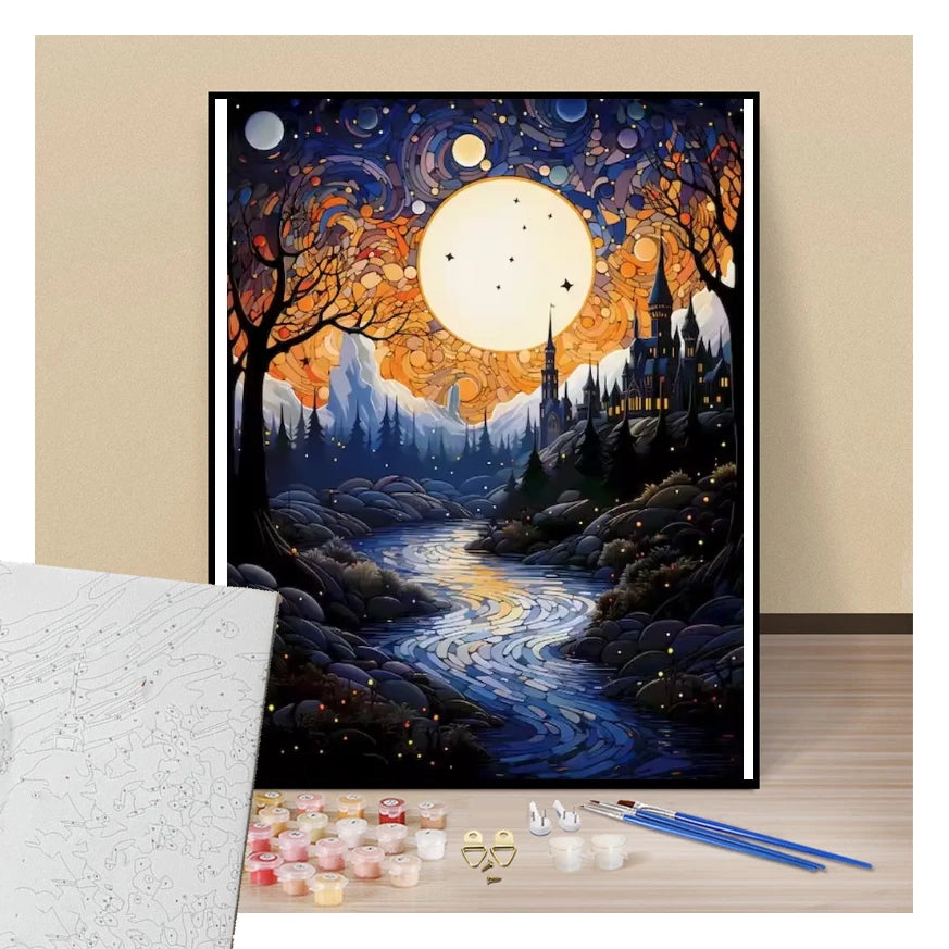 Forest river under the full moon - Paint by numbers