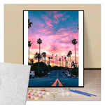 Palm-lined street at sunset - Paint by numbers