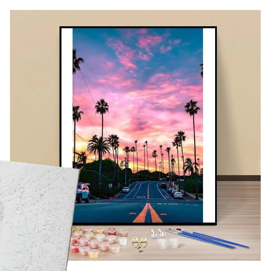 Palm-lined street at sunset - Paint by numbers