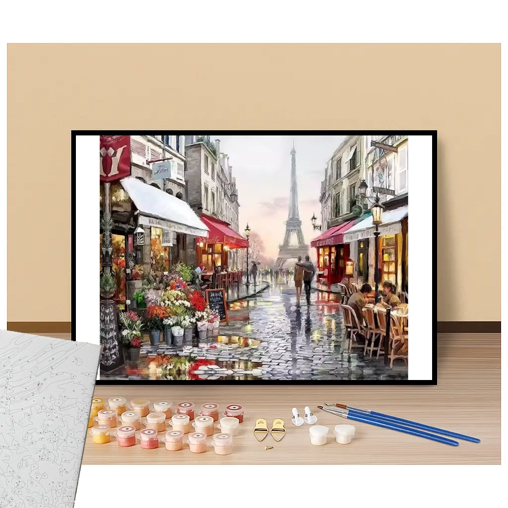 Paris shopping street with a view of the Eiffel Tower - Paint by numbers