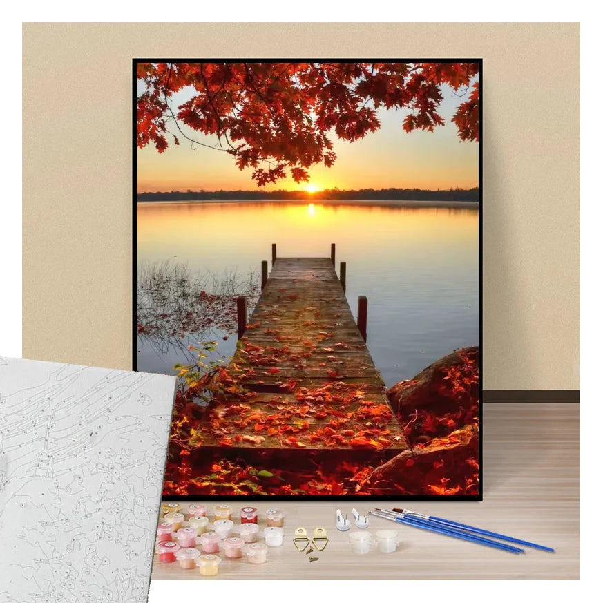 Autumn dawn on the lake dock - Paint by numbers