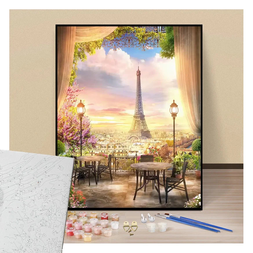 Parisian restaurant with a view of the Eiffel Tower - Paint by numbers