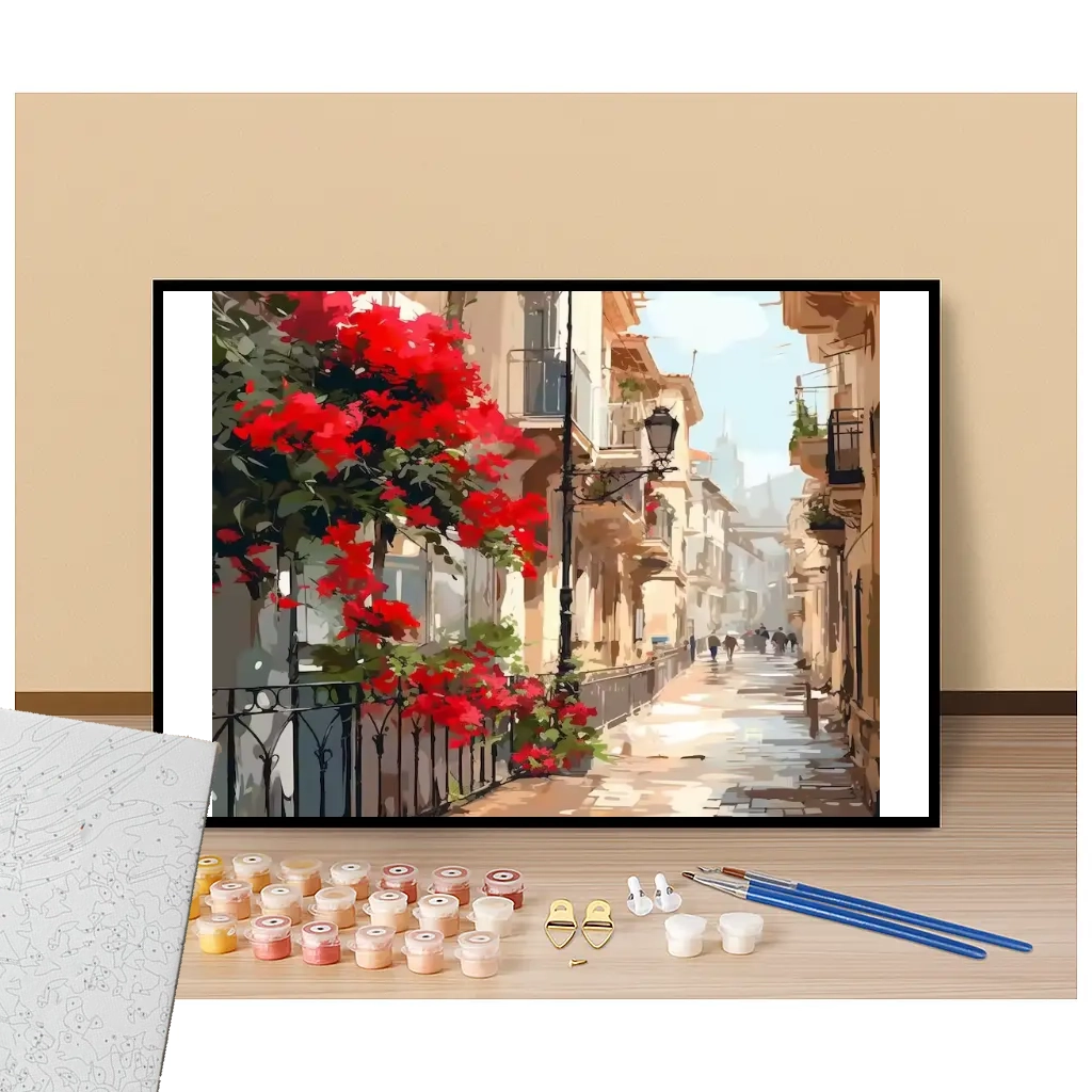 Alleyway with red flowers - Paint by numbers