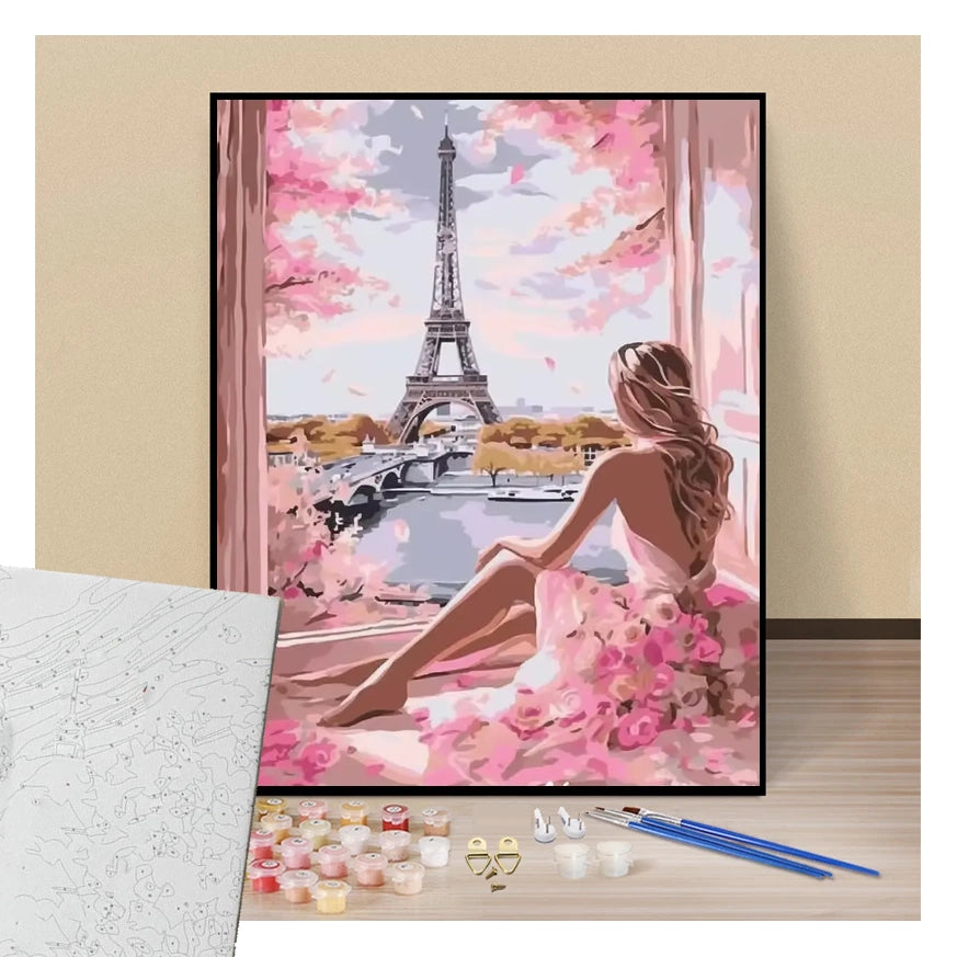 Woman in pink dress admiring the Eiffel Tower - Paint by numbers