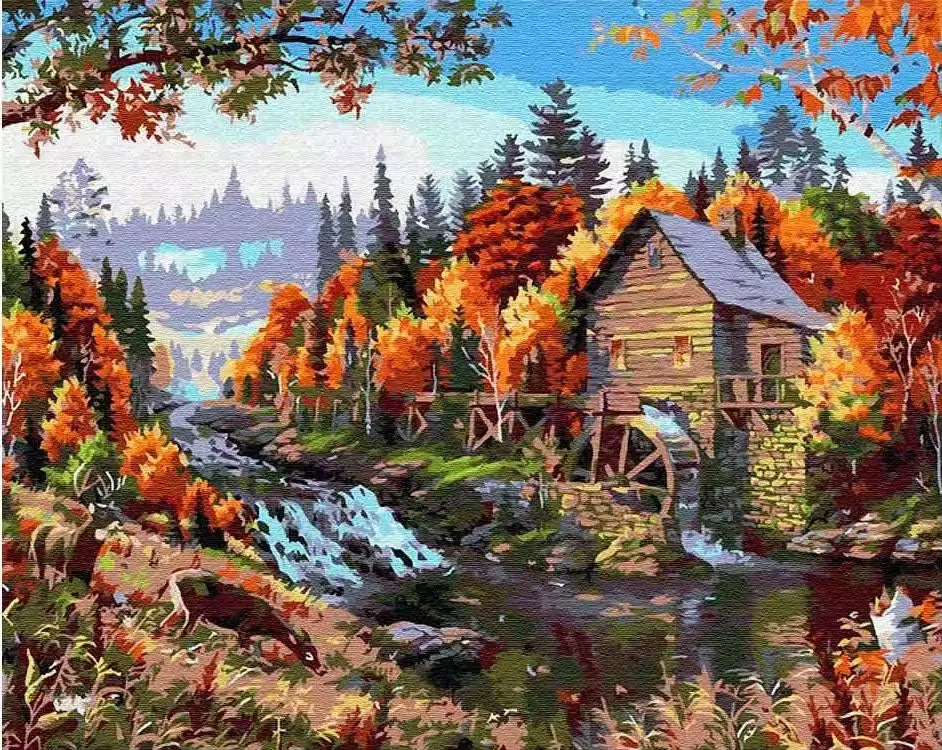 Water mill in an automnal landscape - Paint by numbers