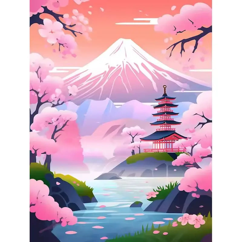 Red pagoda at the foot of Mont Fuji - Paint by numbers