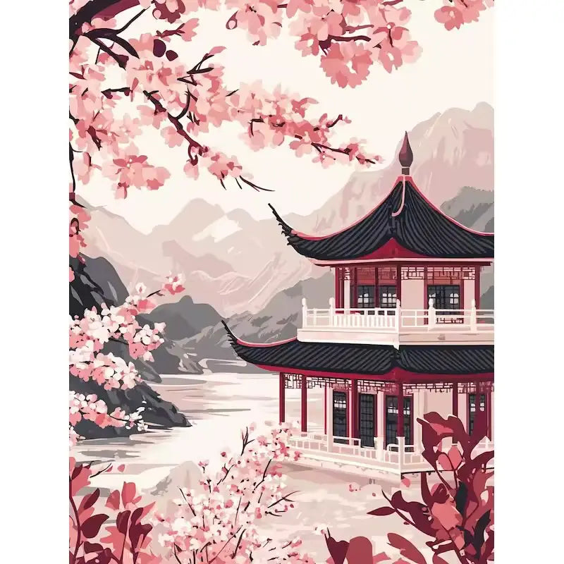 Sakura lodge at the foot of the mountains - Paint by numbers
