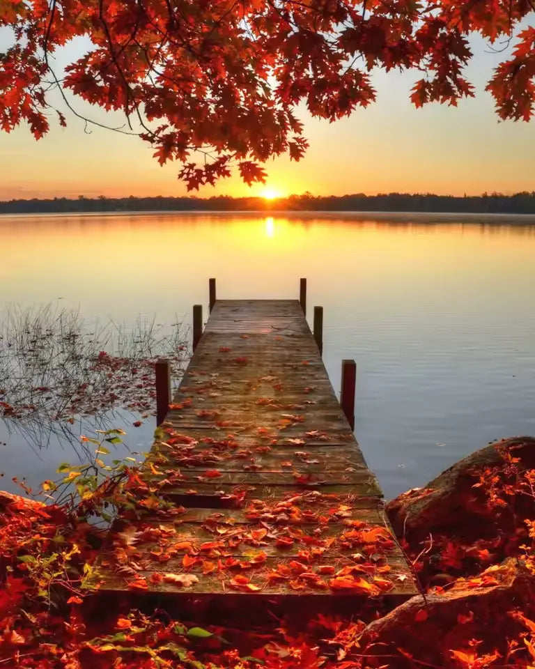 Autumn dawn on the lake dock - Paint by numbers