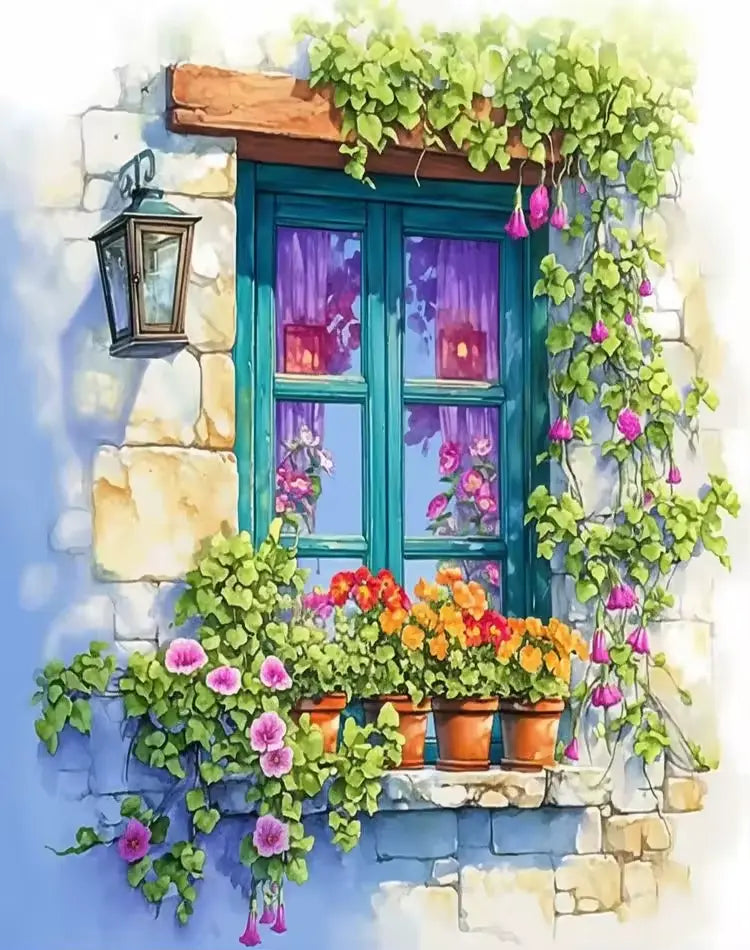 Street-facing window with flowerpots - Paint by numbers