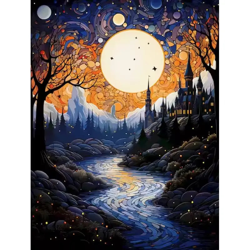 Forest river under the full moon - Paint by numbers
