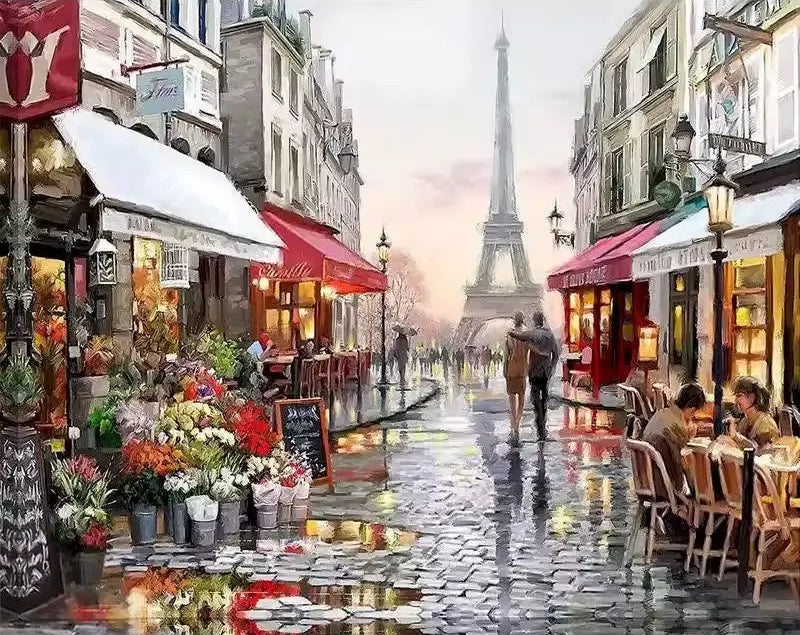 Paris shopping street with a view of the Eiffel Tower - Paint by numbers