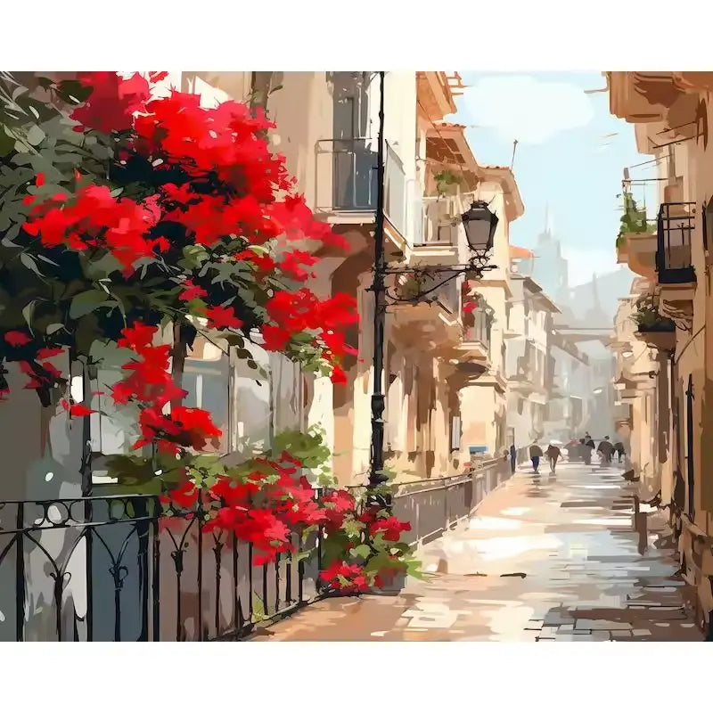 Alleyway with red flowers - Paint by numbers