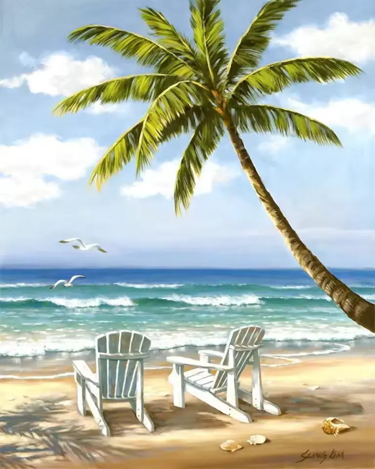 Sun loungers on a tropical beach - Paint by numbers