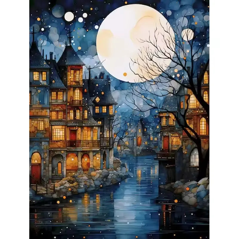 City at night under a moonlit sky - Paint by numbers